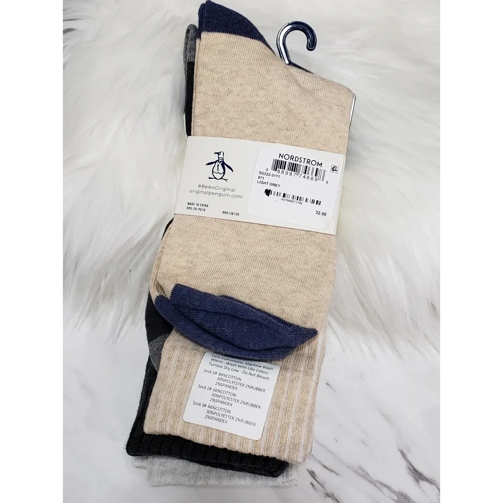 NEW An Original Penguin Mens Crew‎ Socks Pack of 3 (8-13) beige navy blue